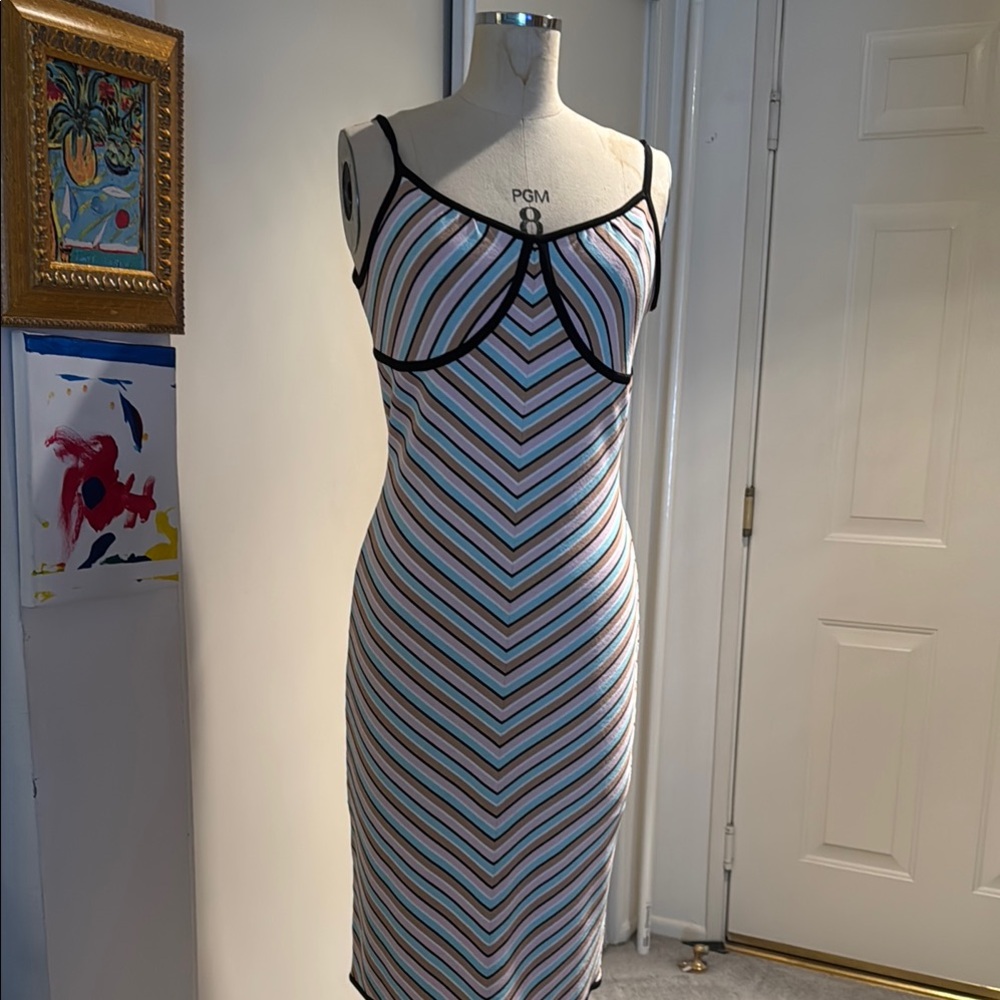 Herve Leger Striped Midi Dress - Black, White, Pink